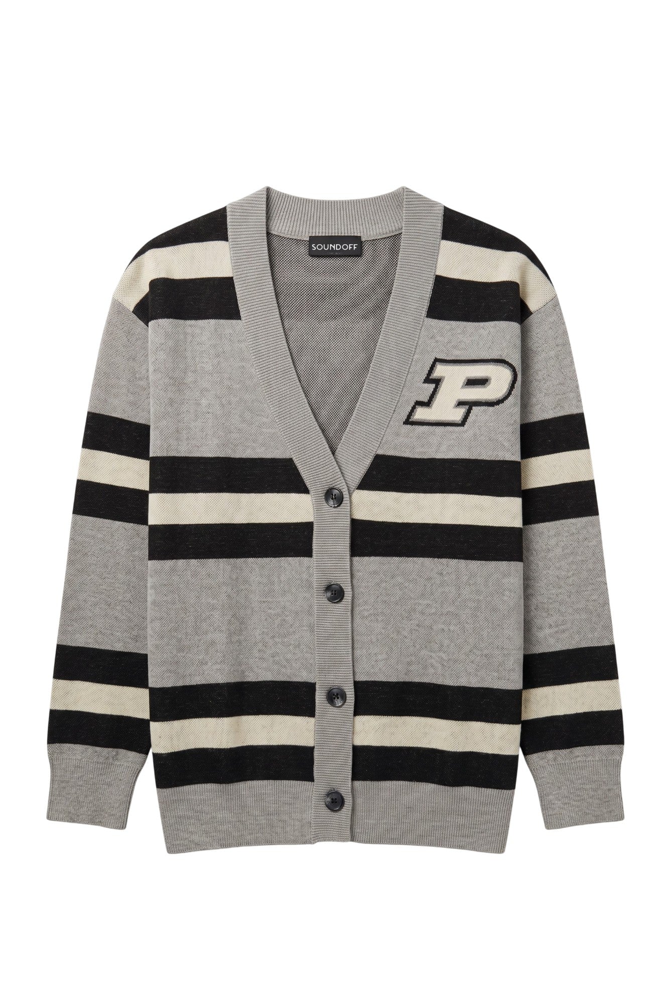 Purdue University Rugby Stripe Knit Cardigan Sweater in Grey with Black and Beige horizontal rugby stripes and knit-in Purdue Motion P by SOUNDOFF - FRONT