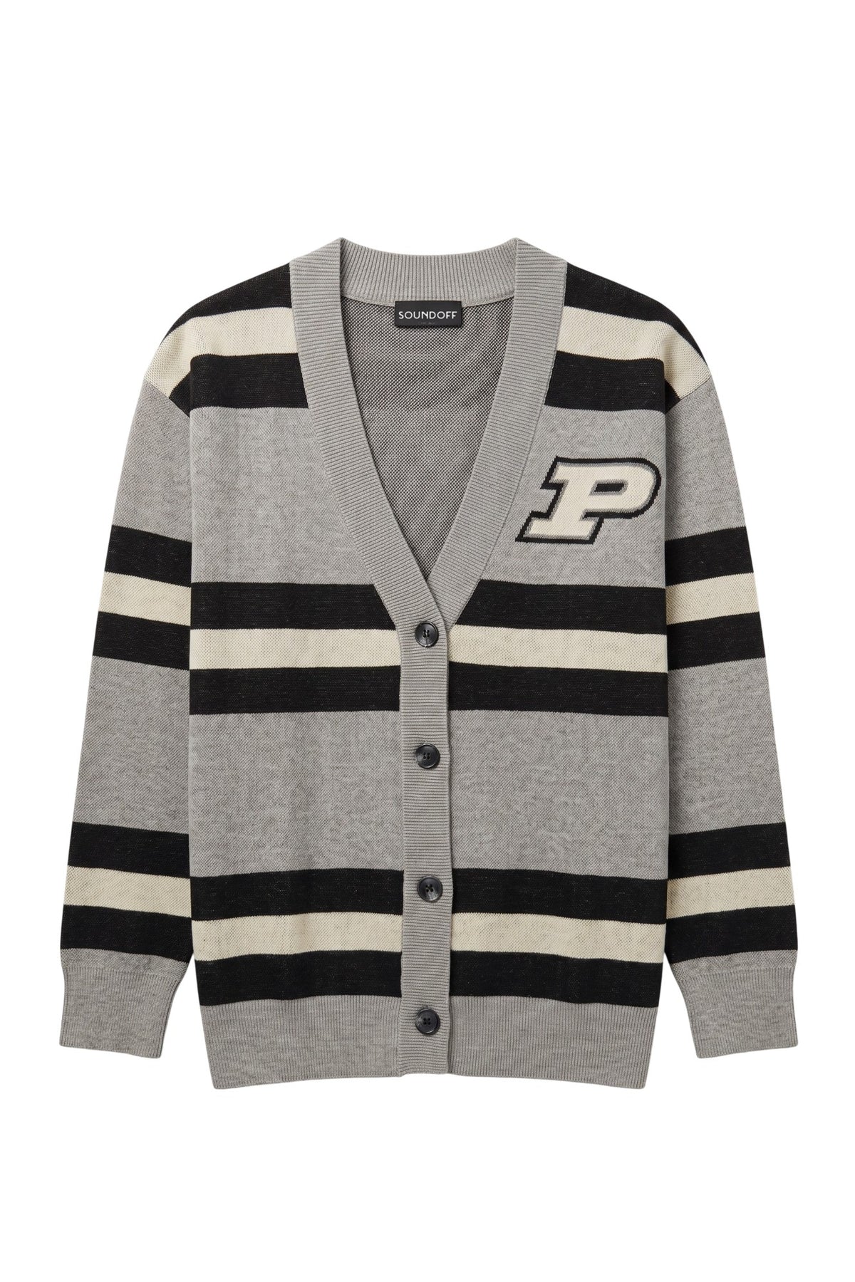 Purdue University Rugby Stripe Knit Cardigan Sweater in Grey with Black and Beige horizontal rugby stripes and knit-in Purdue Motion P by SOUNDOFF - FRONT