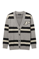 Purdue University Rugby Stripe Knit Cardigan Sweater in Grey with Black and Beige horizontal rugby stripes and knit-in Purdue Motion P by SOUNDOFF - FRONT