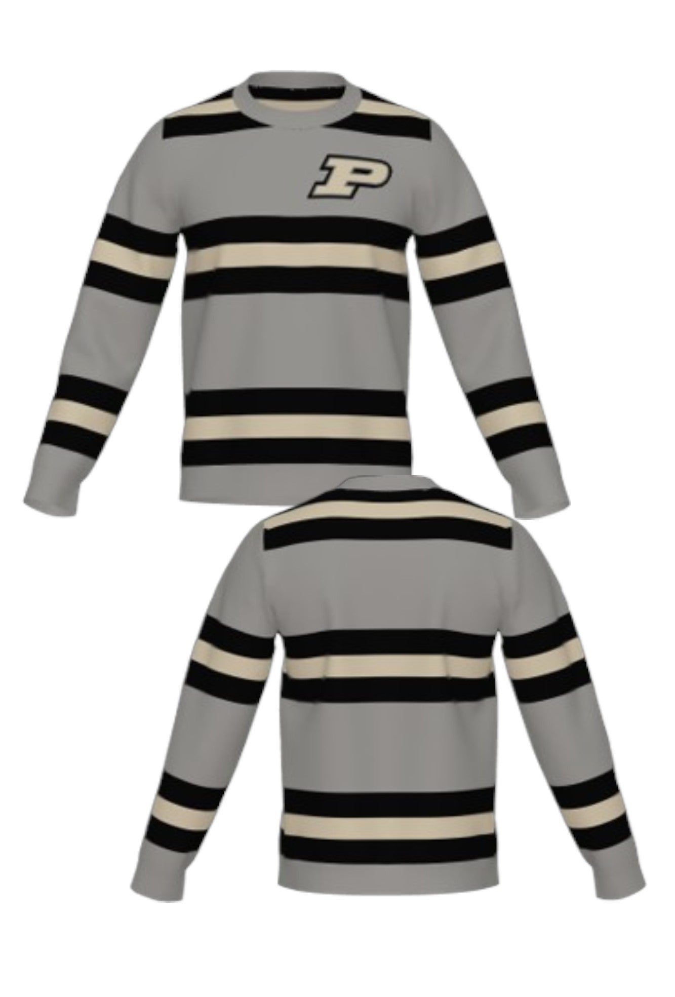 Purdue University Rugby Stripe Knit Crew Neck Sweater in Grey with Black and Beige horizontal rugby stripes and knit-in Purdue Motion P by SOUNDOFF - FRONT and BACK