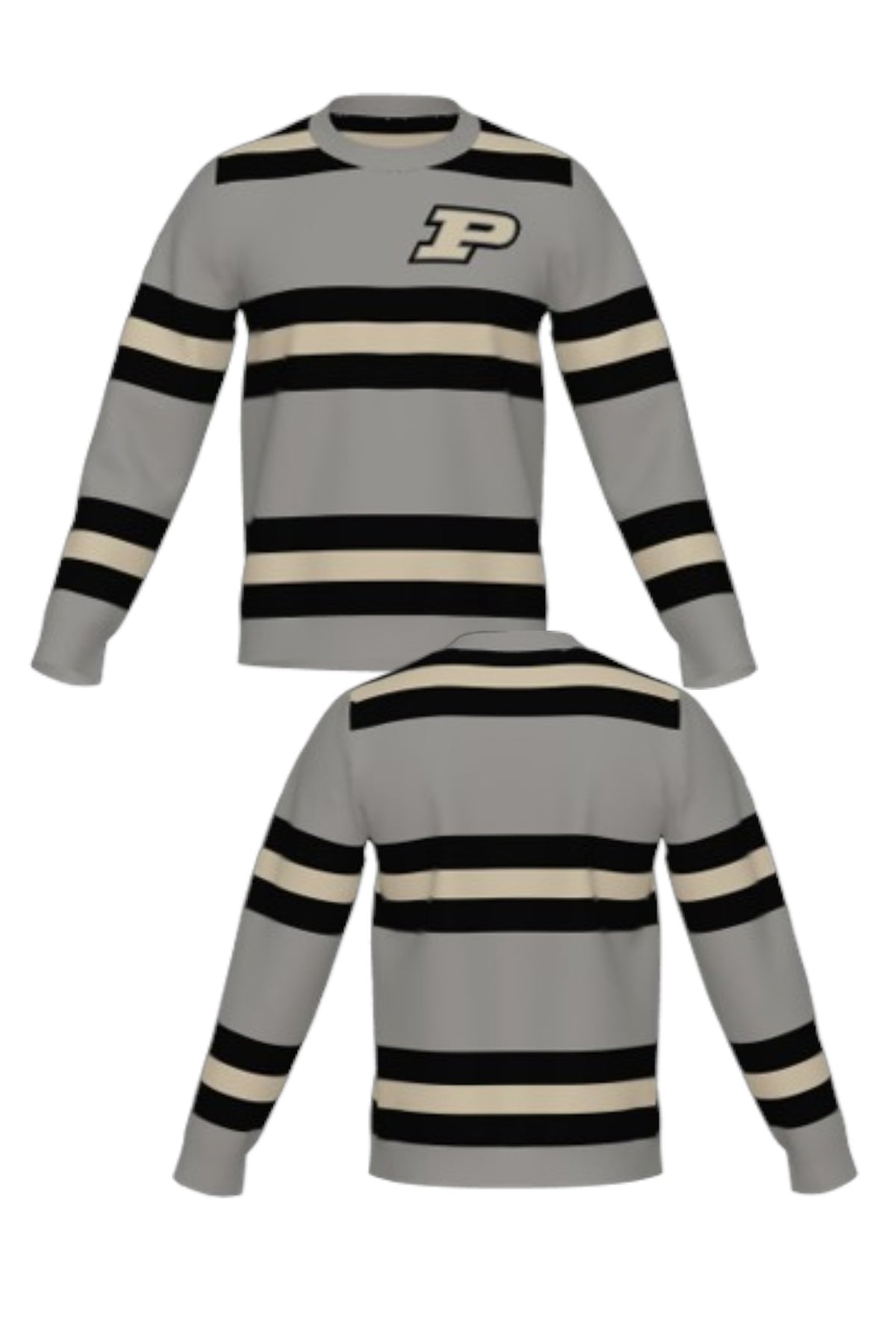 Purdue University Rugby Stripe Knit Crew Neck Sweater in Grey with Black and Beige horizontal rugby stripes and knit-in Purdue Motion P by SOUNDOFF - FRONT and BACK