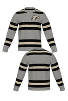 Purdue University Rugby Stripe Knit Crew Neck Sweater in Grey with Black and Beige horizontal rugby stripes and knit-in Purdue Motion P by SOUNDOFF - FRONT and BACK