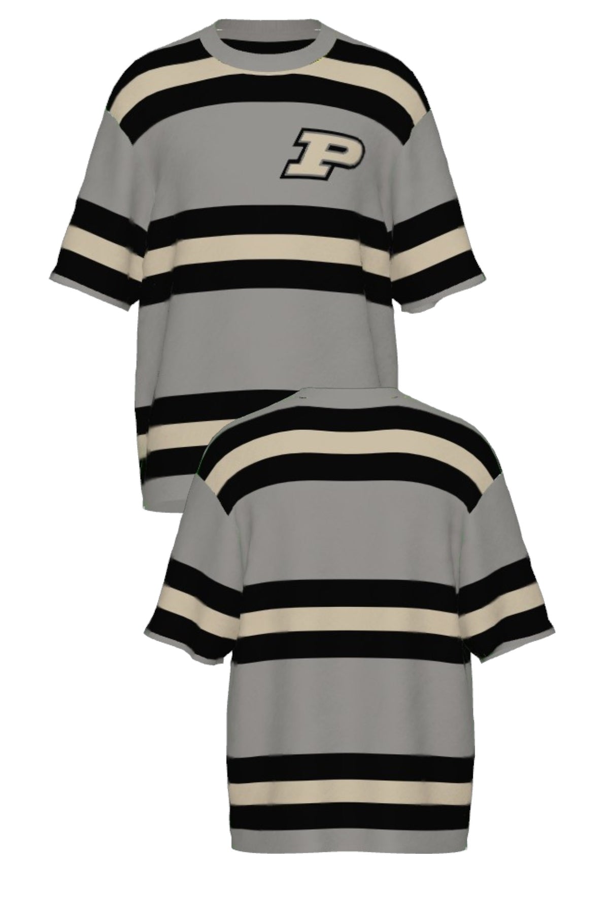 Purdue University Rugby Stripe Knit Short Sleeve Sweater in Grey with Black and Beige horizontal rugby stripes and knit-in Purdue Motion P by SOUNDOFF - FRONT and BACK