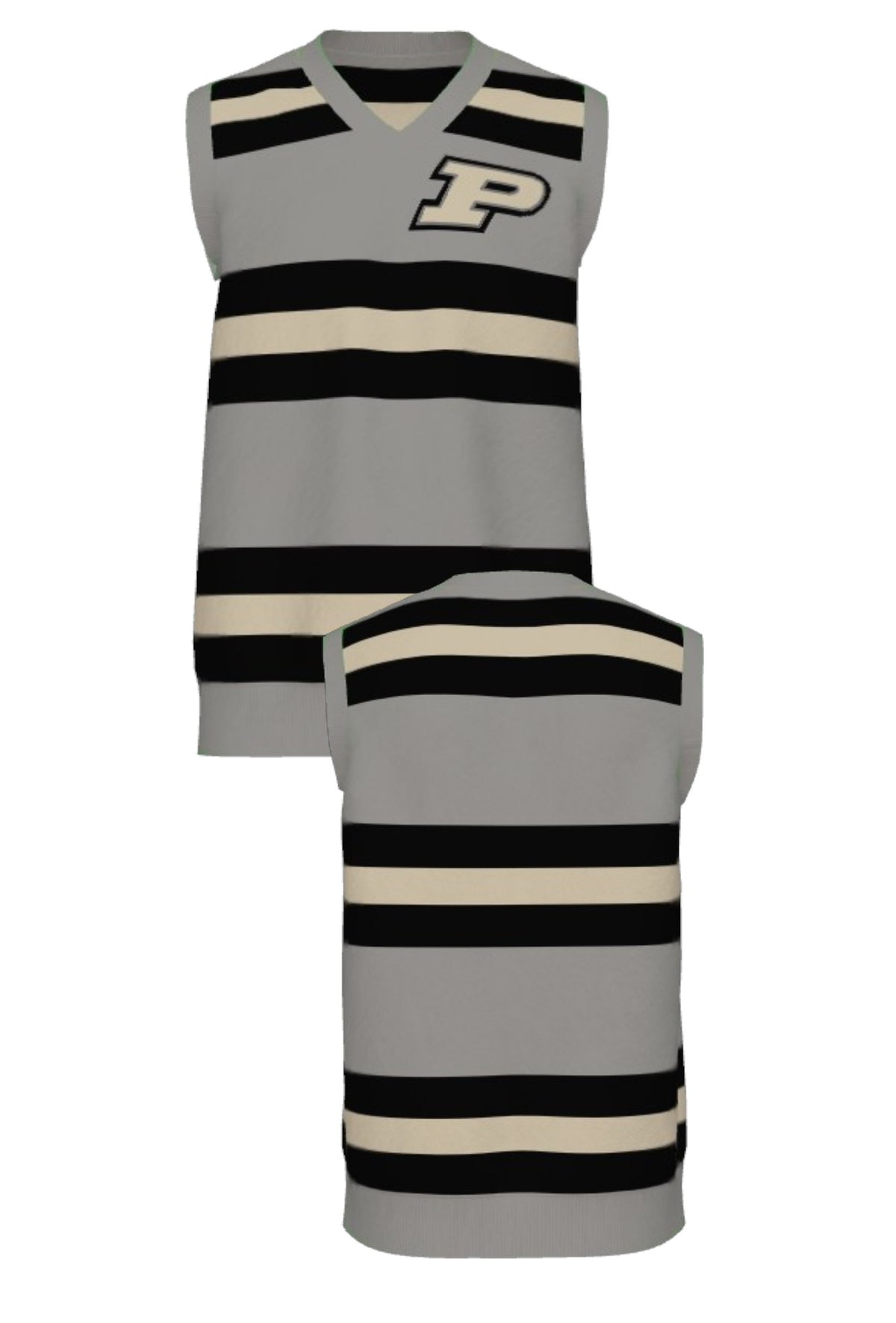 Purdue University Rugby Stripe Knit V-Neck Vest Sweater in Grey with Black and Beige horizontal rugby stripes and knit-in Purdue Motion P by SOUNDOFF - FRONT and BACK