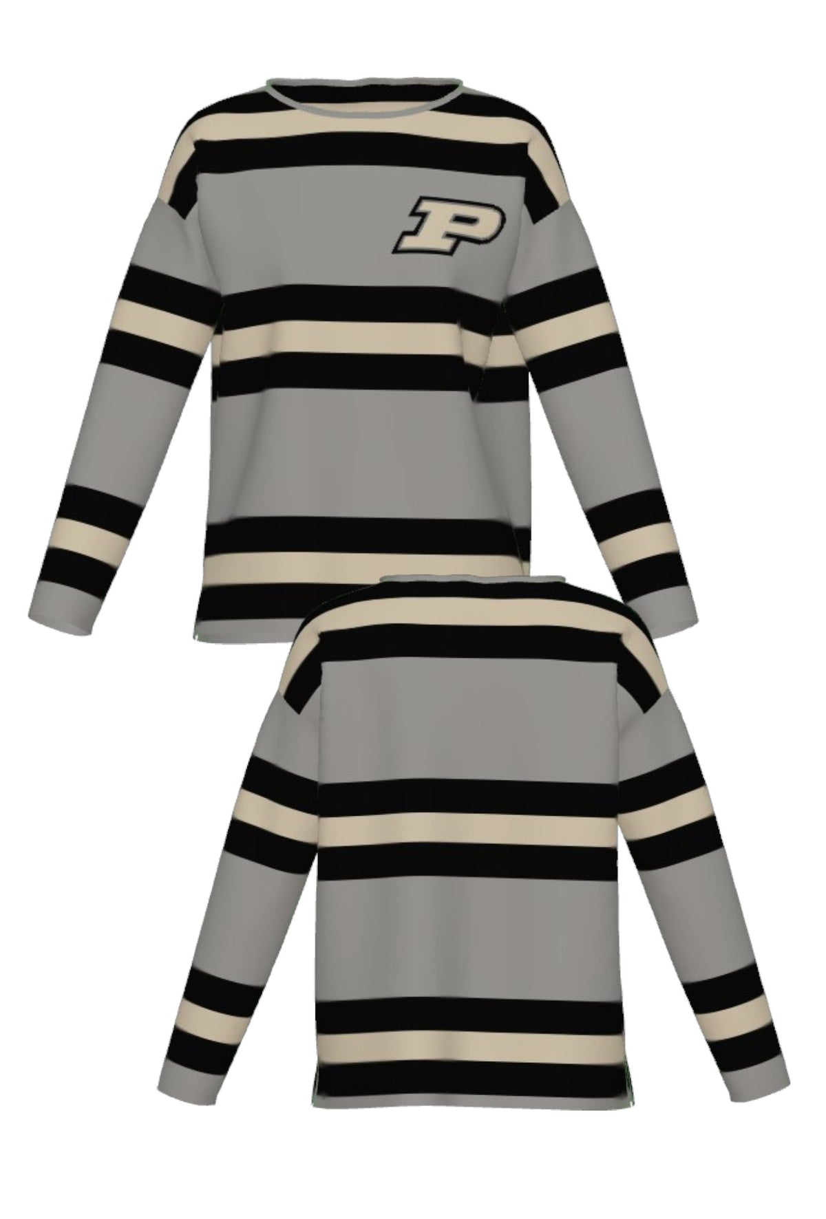 Purdue University Rugby Stripe Knit Women's Sweater in Grey with Black and Beige horizontal rugby stripes and knit-in Purdue Motion P by SOUNDOFF - FRONT and BACK