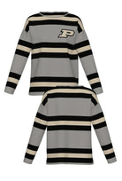 Purdue University Rugby Stripe Knit Women's Sweater in Grey with Black and Beige horizontal rugby stripes and knit-in Purdue Motion P by SOUNDOFF - FRONT and BACK