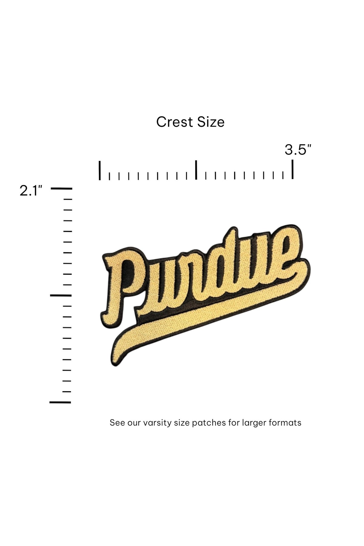 Purdue University Script Embroidered Crest Patch with gold script lettering and pennant on black background by soundoff - size