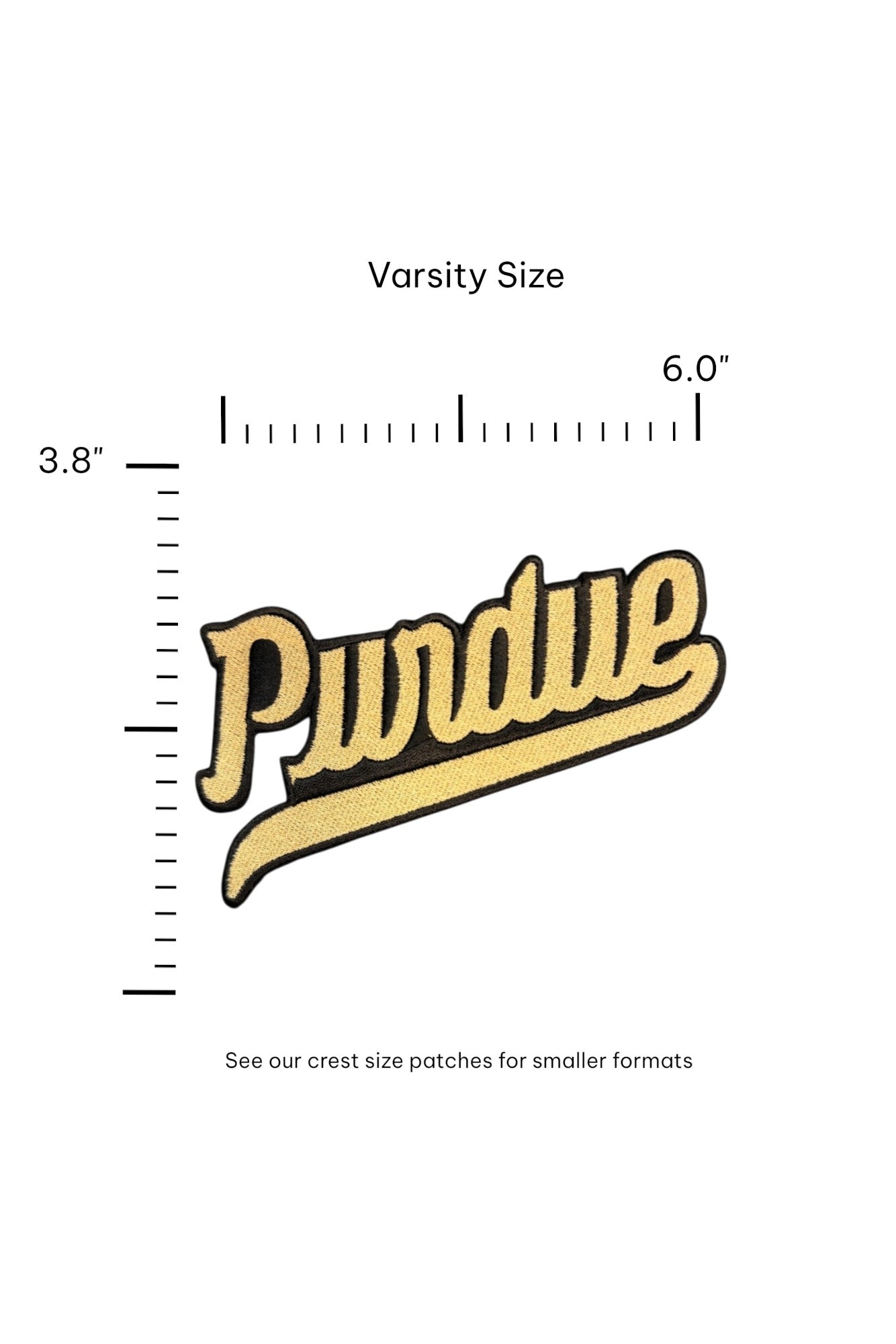 Purdue University Script Embroidered Varsity Patch in gold and black, 6.0 inches wide x 3.8 inches tall by SOUNDOFF - size