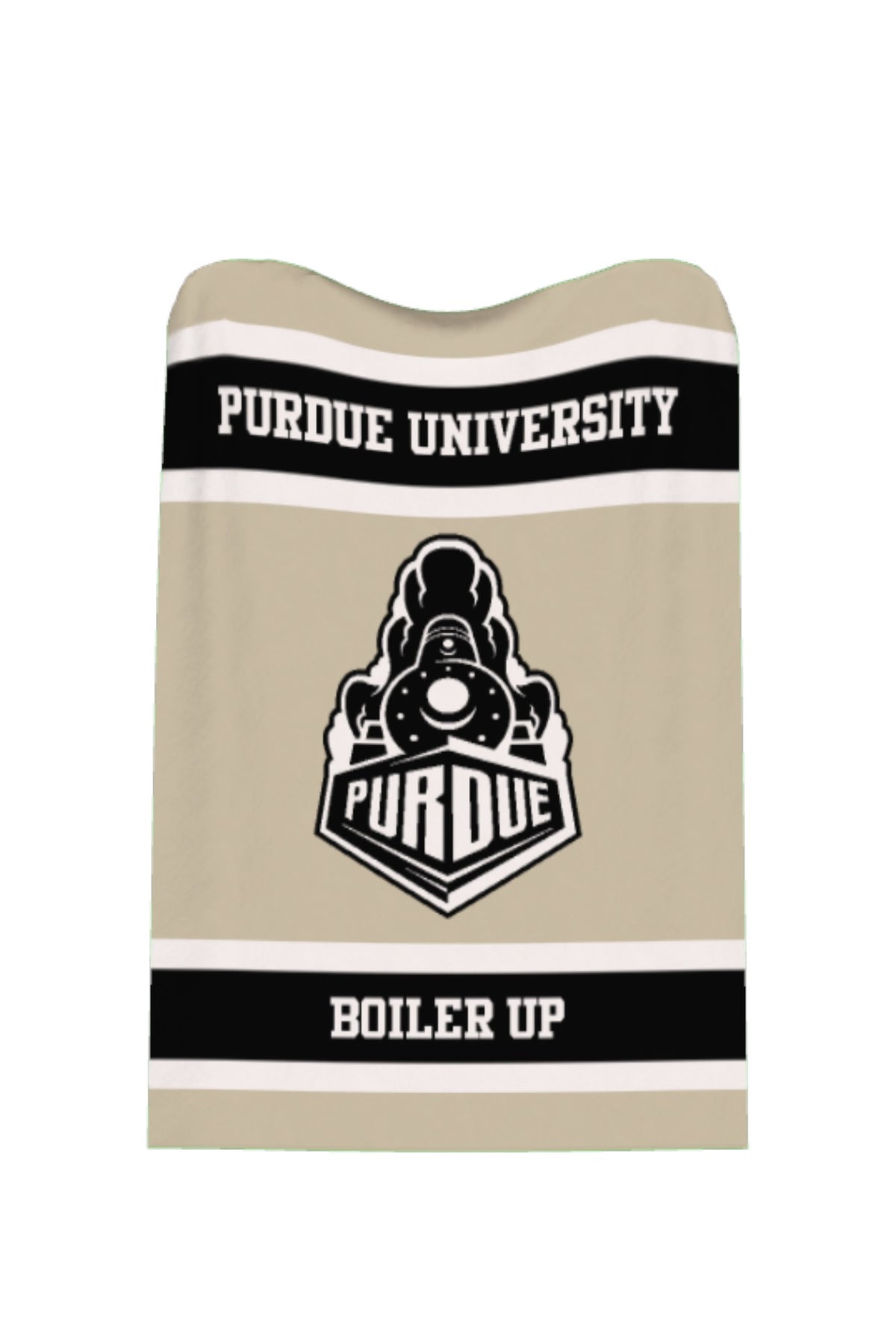 Purdue University varsity knit throw blanket in beige, black, and white with Boilermaker Special graphic by SOUNDOFF - front
