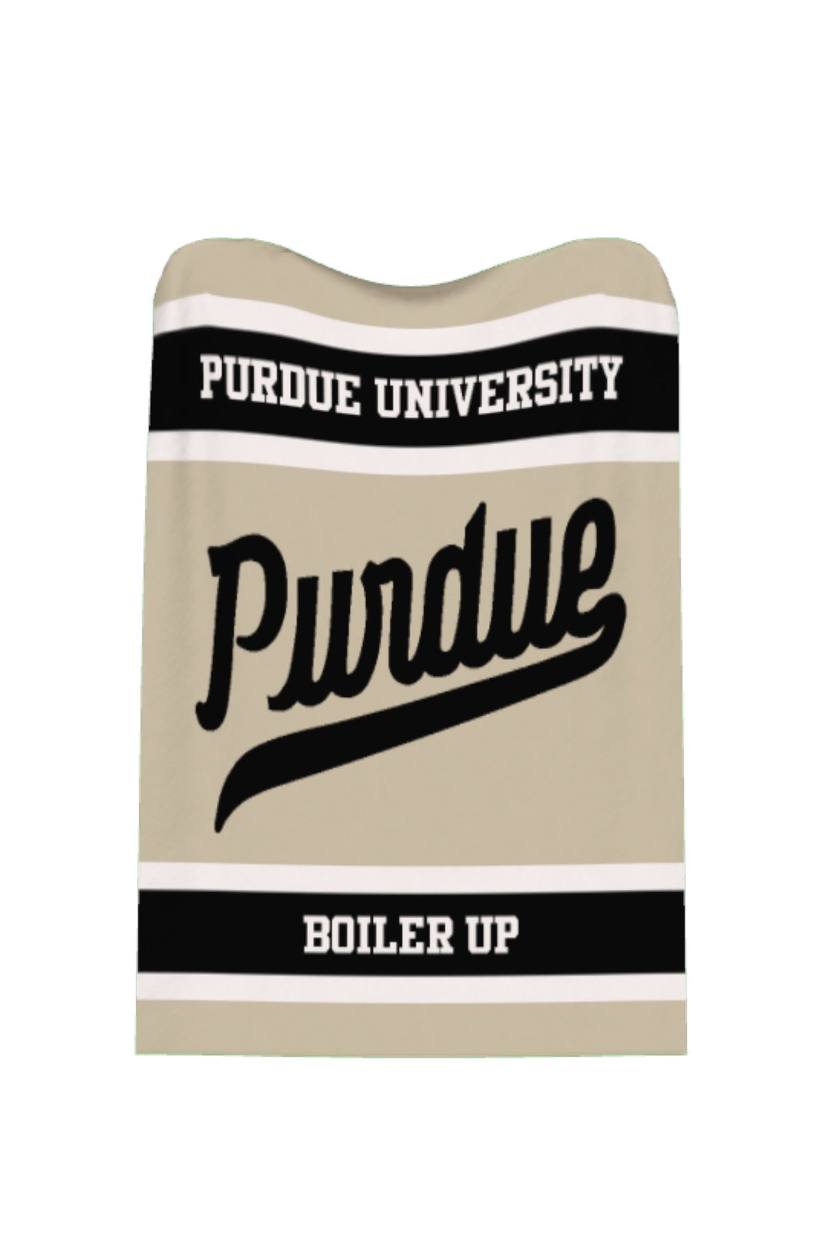 Purdue University varsity knit throw blanket in beige, black, and white with Purdue script grapic by SOUNDOFF - front