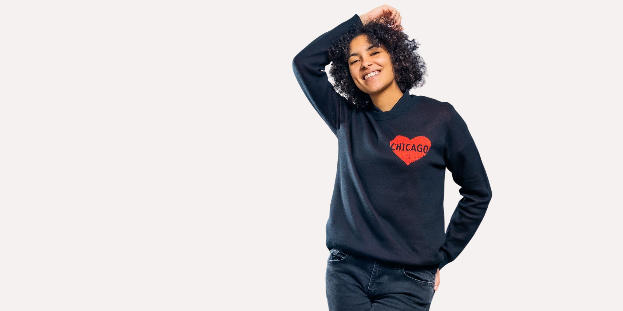 Heart of Chicago crew neck sweater with embroidered red CHI heart on chest by soundoff