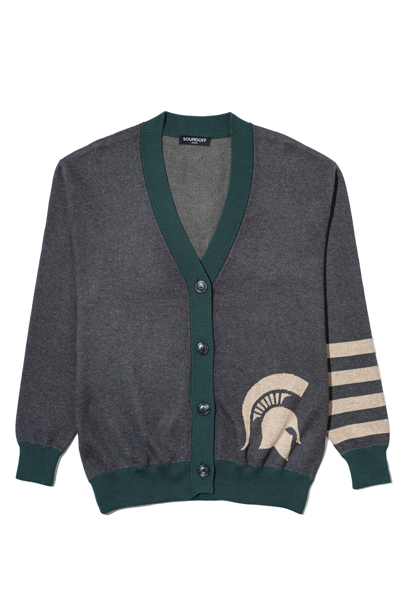 michigan state university quad stripe cardigan knit sweater front – green and grey quad stripe design inspired by classic spartans varsity heritage by soundoff.