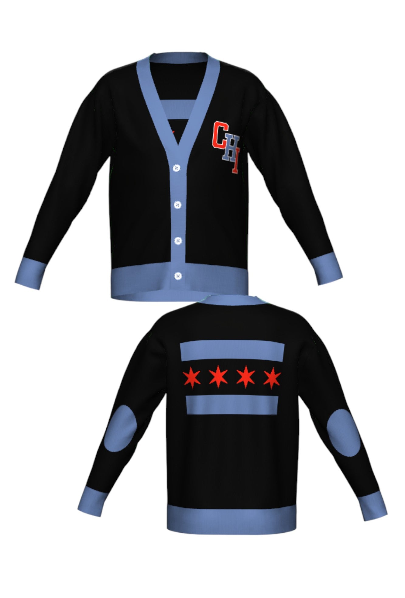 varsity chicago chi cardigan knit sweater front and back view in black with interlocked chi lettering and city flag graphic by soundoff