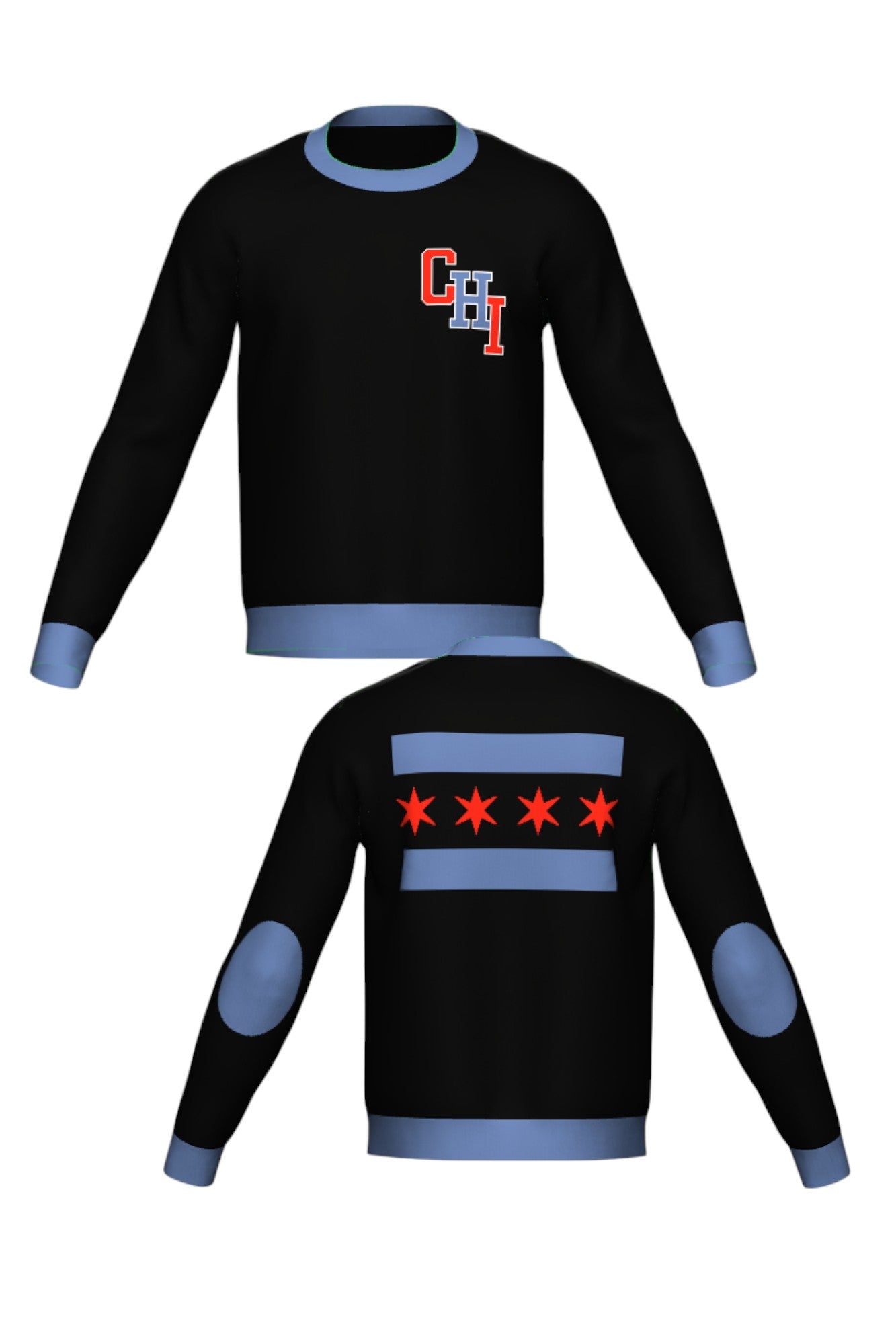 varsity chicago chi classic crew neck knit sweater front and back view in black with interlocked chi lettering and city flag graphic by soundoff