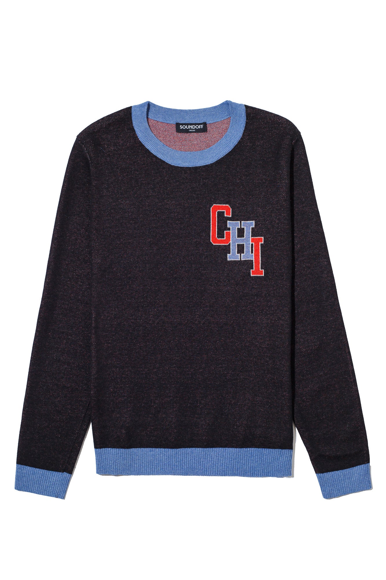 varsity chicago chi classic crew neck knit sweater front view in black with interlocked chi lettering and city flag graphic by soundoff
