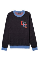 varsity chicago chi classic crew neck knit sweater front view in black with interlocked chi lettering and city flag graphic by soundoff