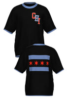 varsity chicago chi short sleeve knit sweater front and back view in black with interlocked chi lettering and city flag graphic by soundoff
