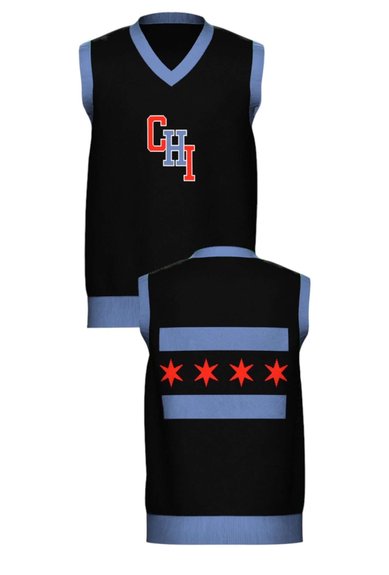 varsity chicago chi v neck vest knit sweater front and back view in black with interlocked chi lettering and city flag graphic by soundoff