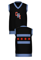 varsity chicago chi v neck vest knit sweater front and back view in black with interlocked chi lettering and city flag graphic by soundoff