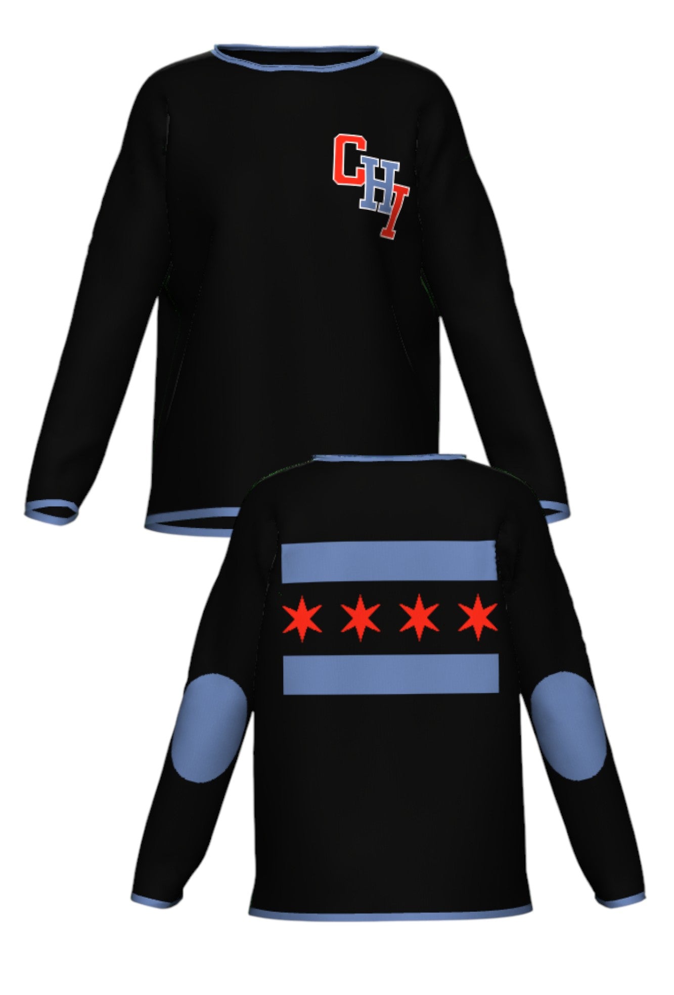 varsity chicago chi womens knit sweater front and back view in black with interlocked chi lettering and city flag graphic by soundoff