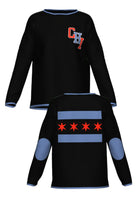 varsity chicago chi womens knit sweater front and back view in black with interlocked chi lettering and city flag graphic by soundoff