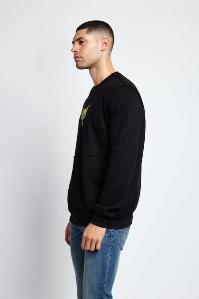 A MOTH TO A FLAME RAW SEAM SWEATSHIRT; BLACK