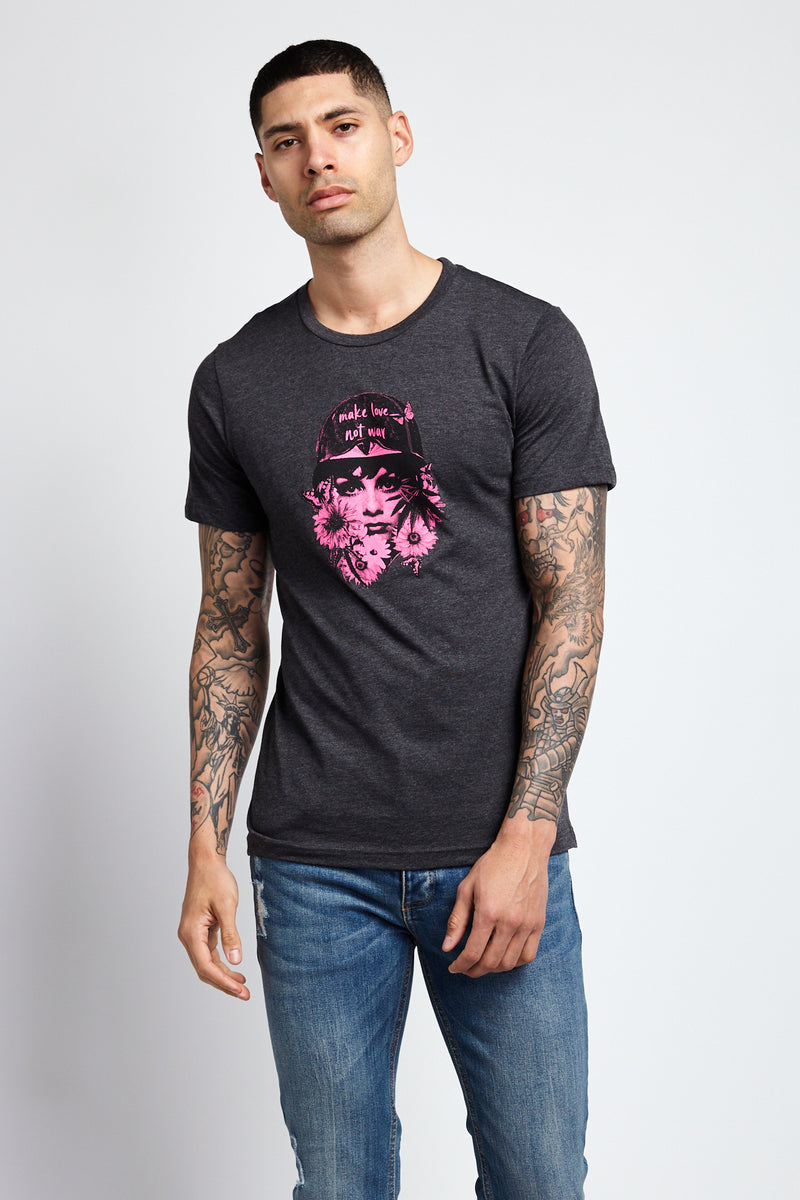 MAKE LOVE, NOT WAR; DARK GRAY HEATHER JERSEY T-SHIRT