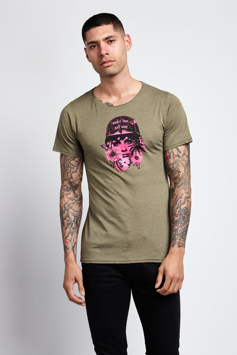 MAKE LOVE, NOT WAR; OLIVE TRIBLEND T-SHIRT