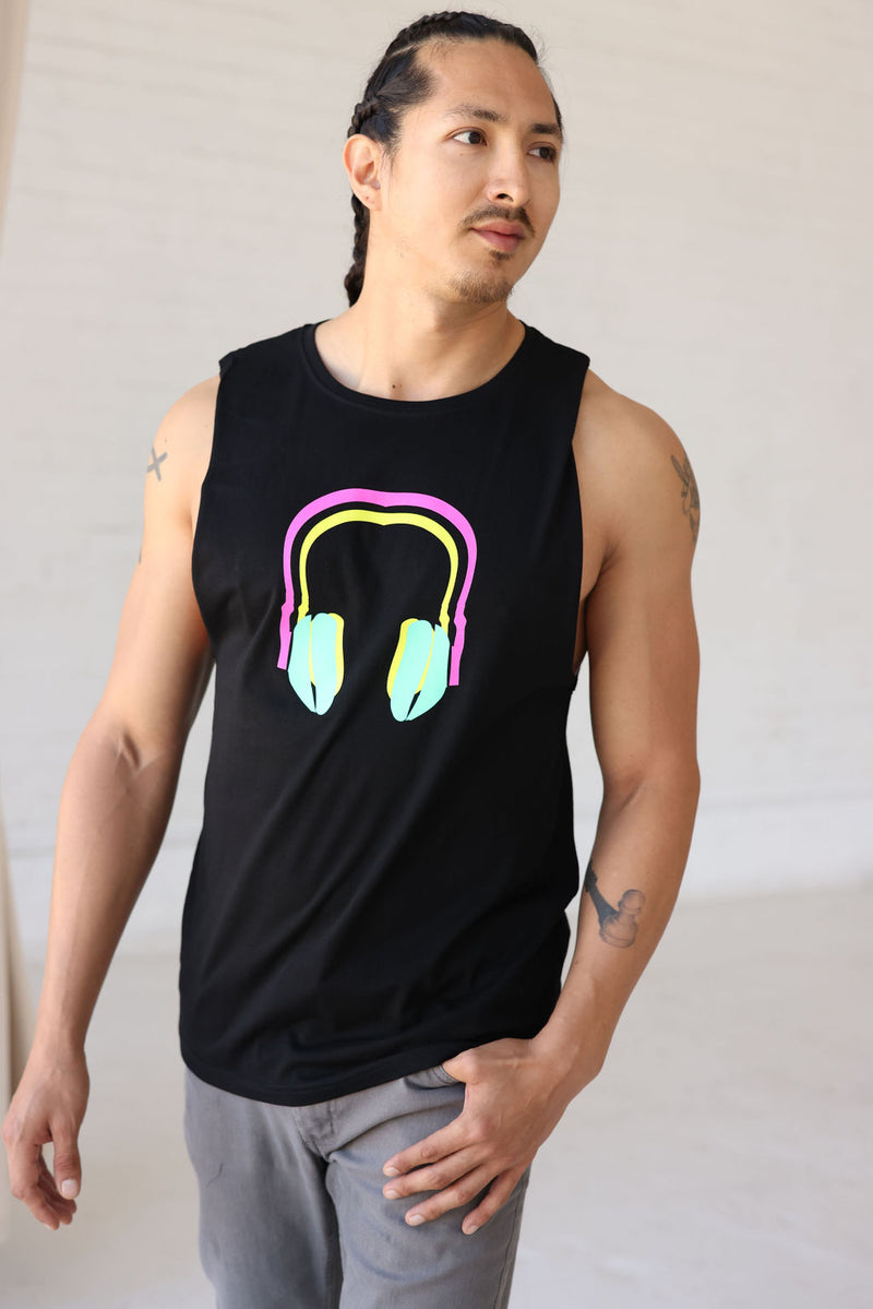 NEON HEADPHONES SLEEVELESS T-SHIRT; BLACK