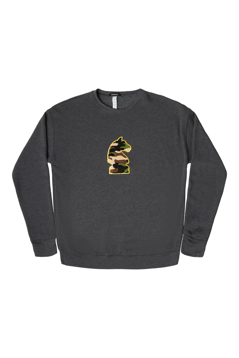 CAMO KNIGHT CREWNECK SWEATSHIRT; DEEP GRAY HEATHER