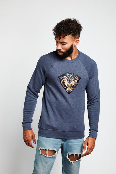 PANTHER MASCOT CREWNECK SWEATSHIRT; NAVY HEATHER