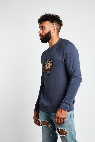 PANTHER MASCOT CREWNECK SWEATSHIRT; NAVY HEATHER