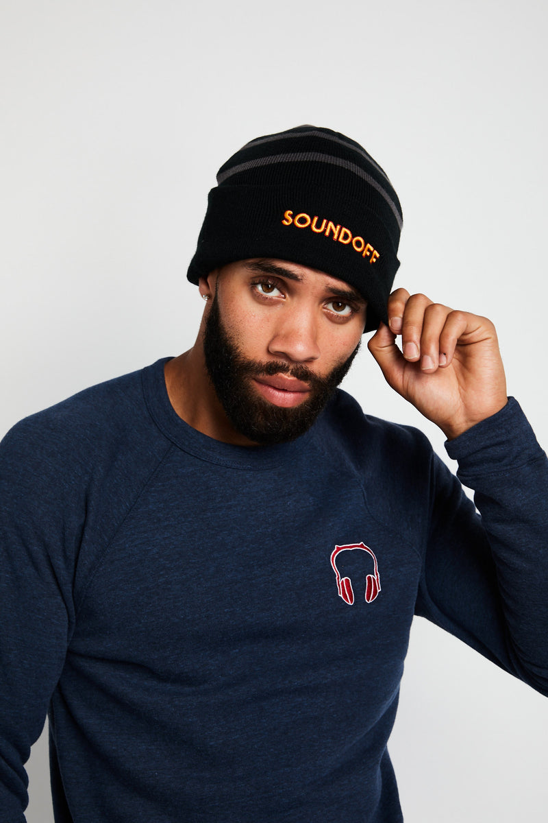 SOUNDOFF EMBROIDERED BLACK & IRON GRAY STRIPED FLEECE BEANIE