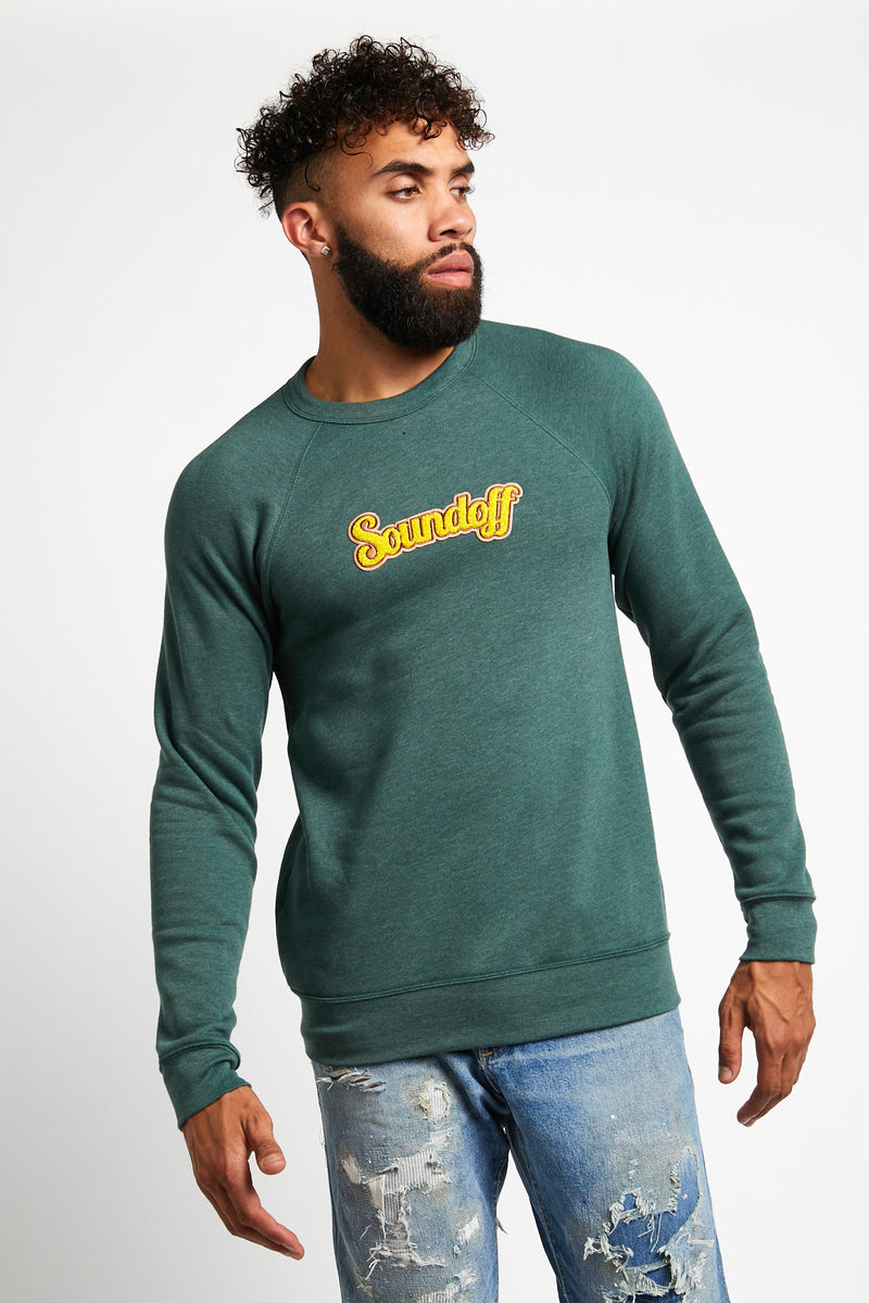 SOUNDOFF VARSITY CREWNECK SWEATSHIRT; HEATHER FOREST