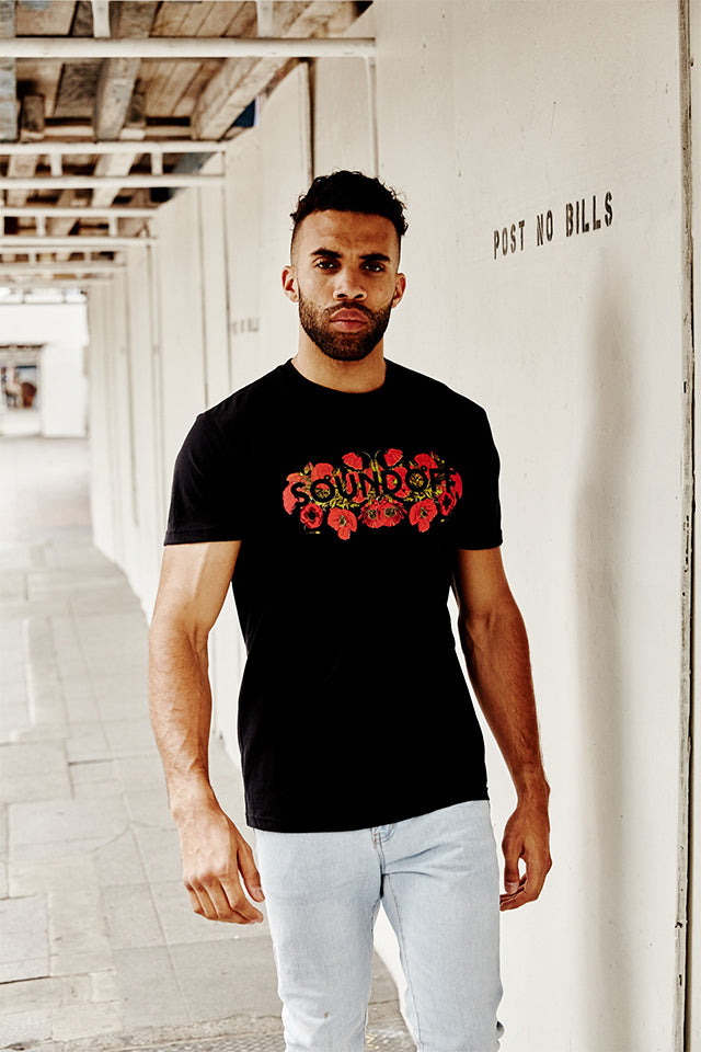 soundoff.mens.black.t.shirt.graphic.poppies.poppy.flowers.cotton.polyester.blend.