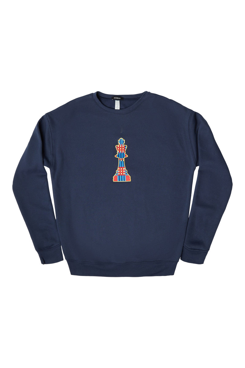 MAD PLAID KING CREWNECK SWEATSHIRT; NAVY