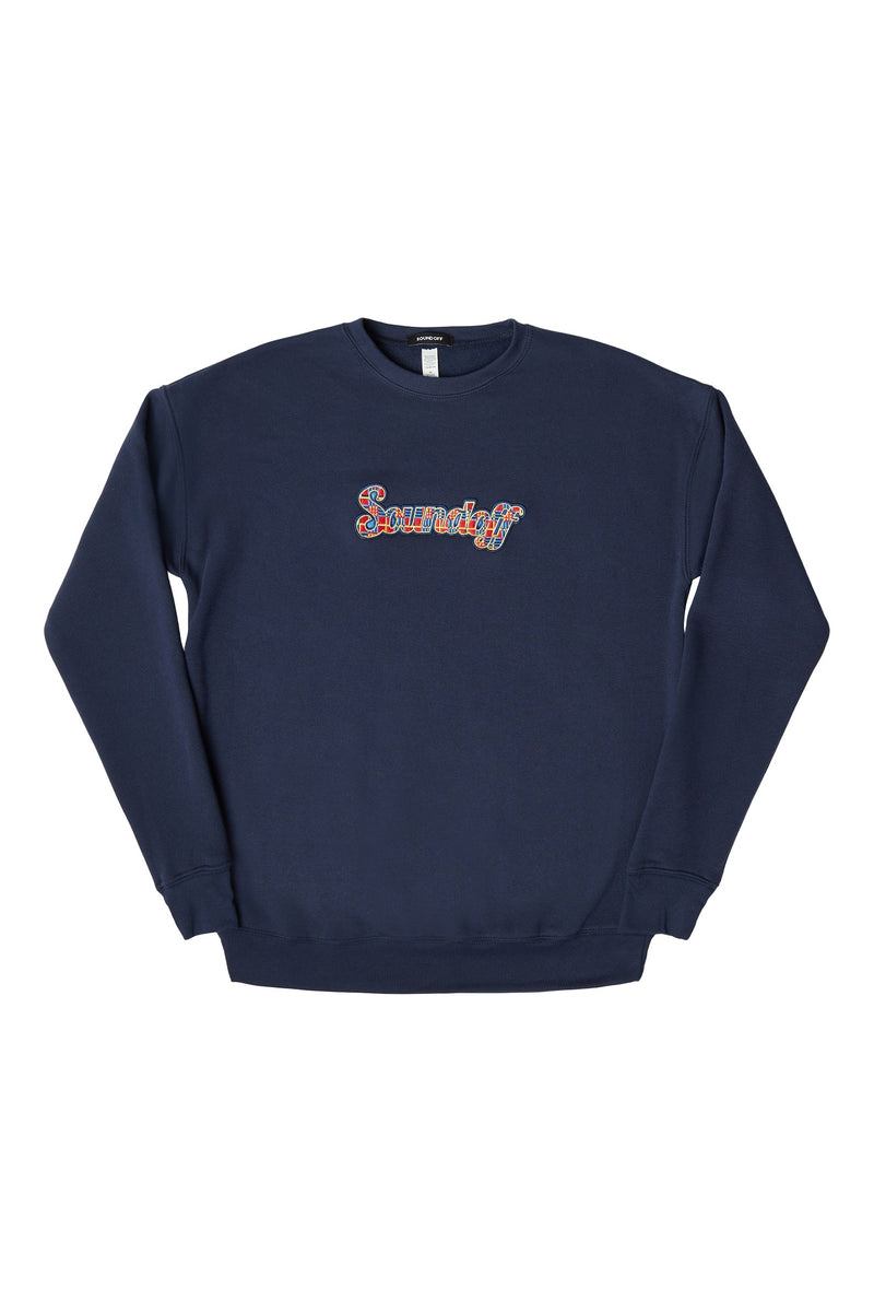 MAD PLAID SCRIPT SOUNDOFF CREWNECK SWEATSHIRT; NAVY