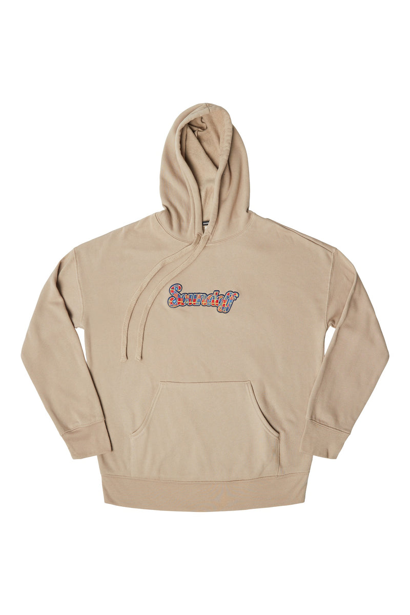 MAD PLAID SCRIPT SOUNDOFF DROP SHOULDER HOODIE; TAN