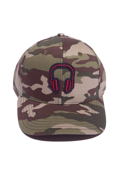 ARMY CAMO/NAVY TWILL SNAPBACK; CRIMSON HEADPHONES