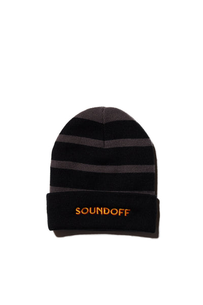 SOUNDOFF EMBROIDERED BLACK & IRON GRAY STRIPED FLEECE BEANIE