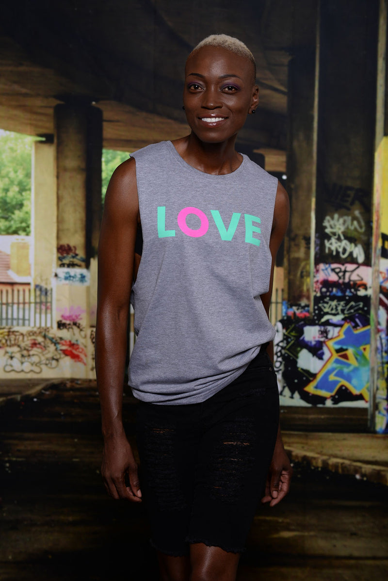 LOVE SLEEVELESS T-SHIRT; ATHLETIC HEATHER