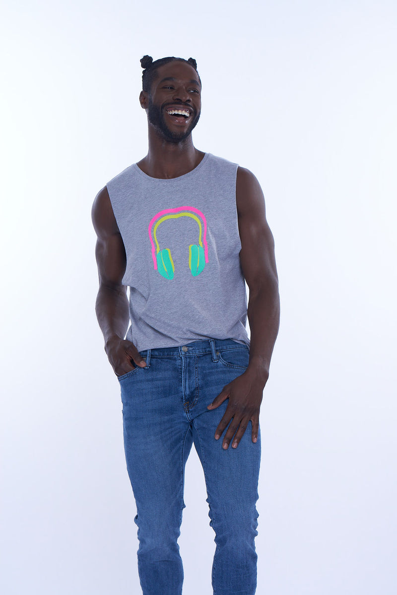 NEON HEADPHONES SLEEVELESS T-SHIRT; ATHLETIC HEATHER