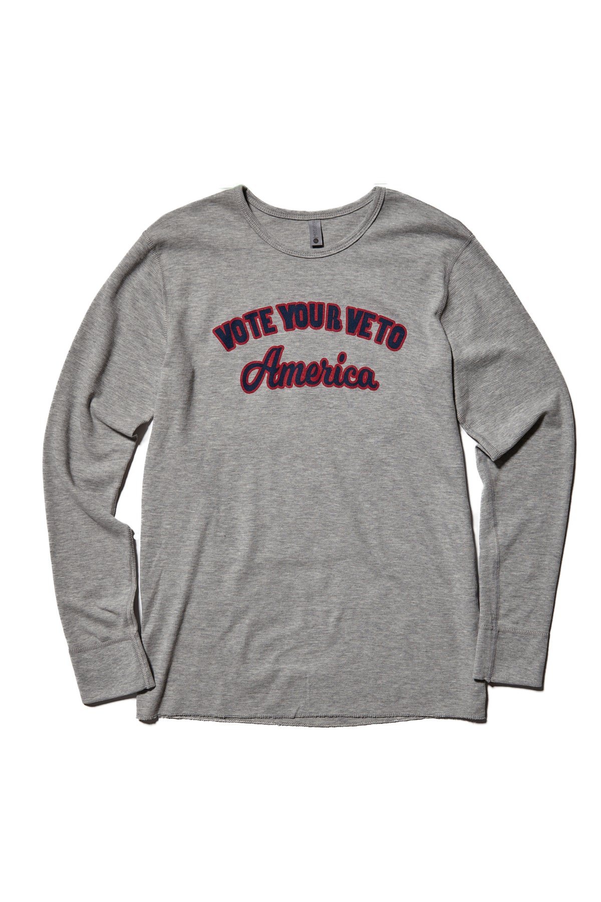 Long-sleeved gray thermal shirt with 'VOTE YOUR VETO America' printed in red on the front. Ideal for the midterms or any election.  By SOUNDOFF.  - FRONT